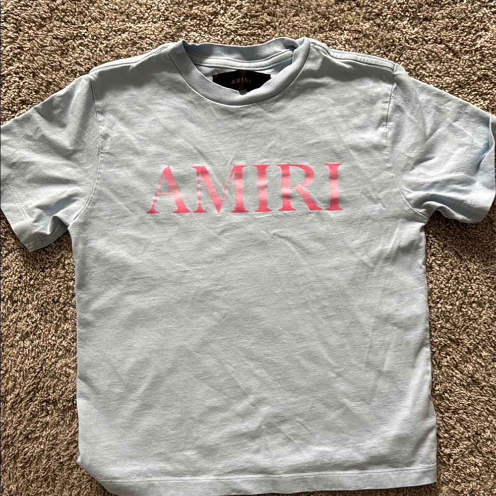 Amiri Light Blue T-Shirt with Pink Logo